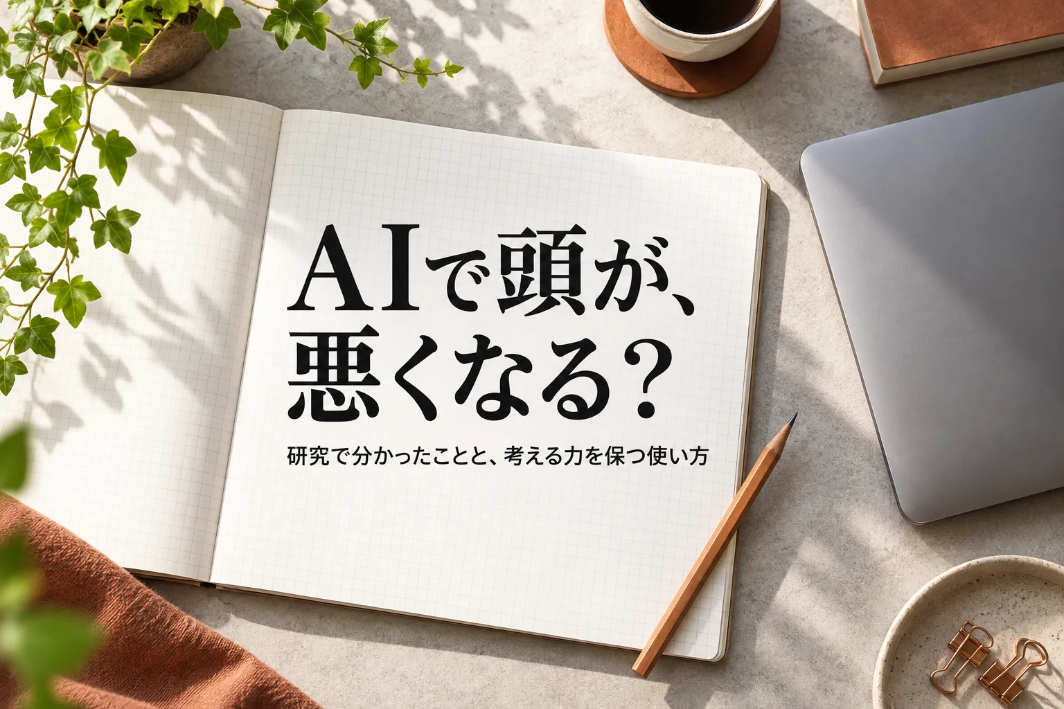 開いた方眼ノートと鉛筆、その横に閉じたノートPC。見出し「AIで頭が、 悪くなる？」、小見出し「研究で分かったことと、考える力を保つ使い方」を重ねた生成画像。