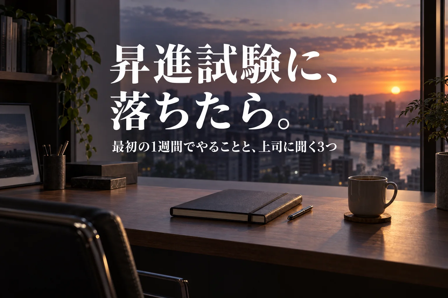 夕方の窓辺の机に、閉じたノートと温かい飲み物。見出し「昇進試験に、 落ちたら。」、小見出し「最初の1週間でやることと、上司に聞く3つ」を重ねた生成画像。