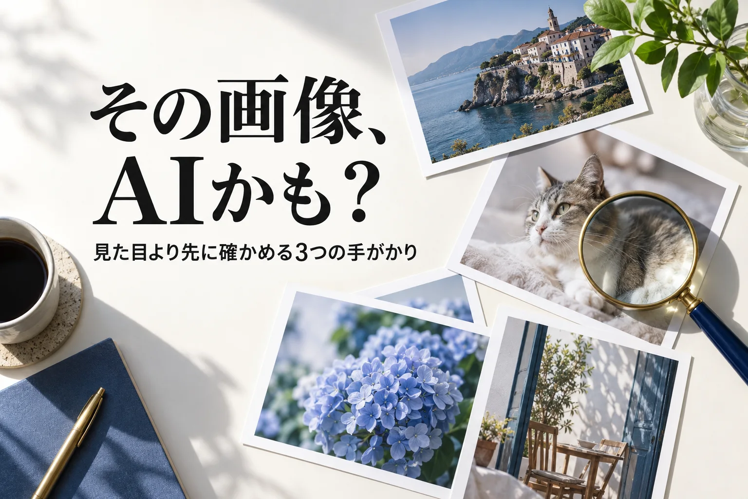 明るい机に並べた数枚のプリント写真と、ルーペ。見出し「その画像、 AIかも？」、小見出し「見た目より先に確かめる3つの手がかり」を重ねた生成画像。