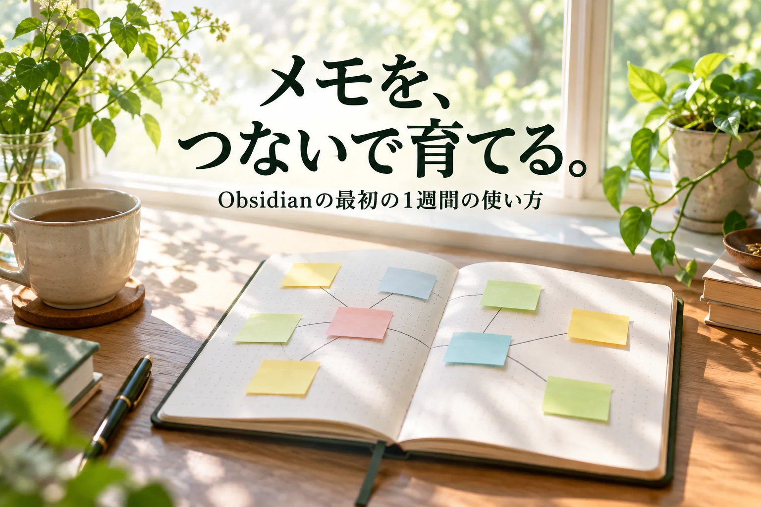 窓辺の机に開いたノートと、線でつないだ付箋のメモ。見出し「メモを、 つないで育てる。」、小見出し「Obsidianの最初の1週間の使い方」を重ねた生成画像。