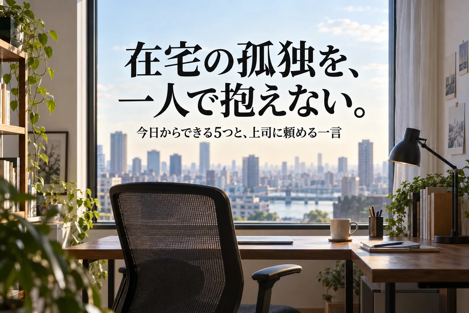 一人分の机と椅子、窓の外の街並みとマグカップ。見出し「在宅の孤独を、 一人で抱えない。」、小見出し「今日からできる5つと、上司に頼める一言」を重ねた生成画像。