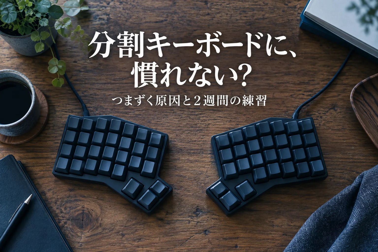 木の机に左右に分かれて置かれたキーボード(刻印なし)。見出し「分割キーボードに、 慣れない?」、小見出し「つまずく原因と2週間の練習」を重ねた生成画像。