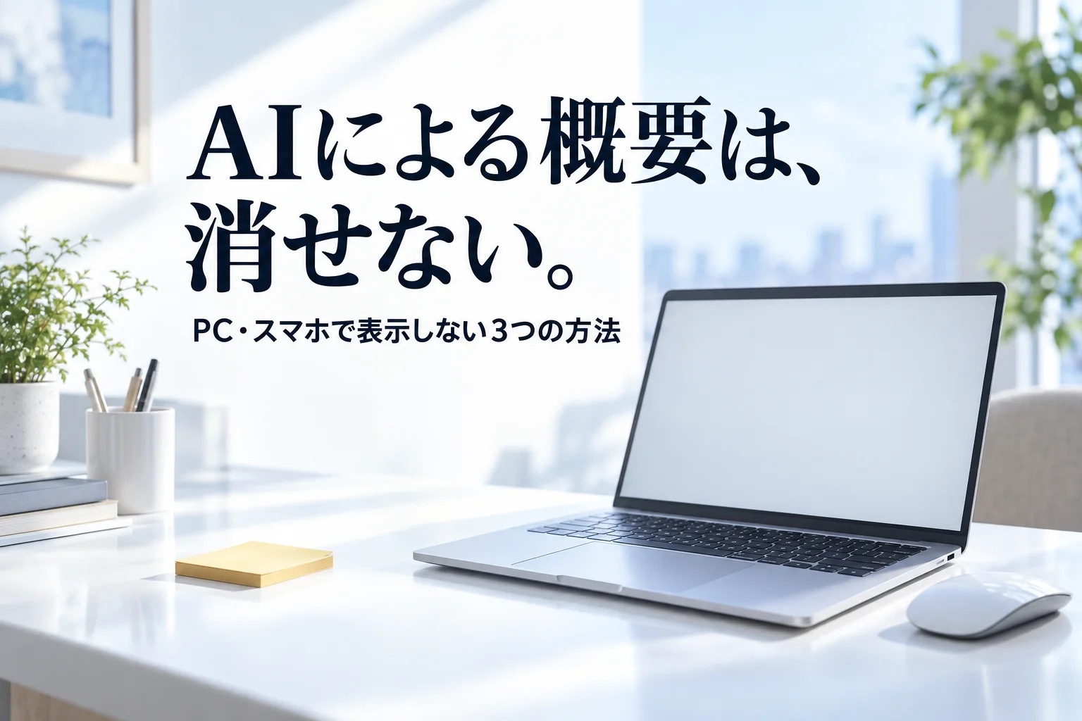 白い机のノートPC（画面は無地）とマウスと付箋。見出し「AIによる概要は、 消せない。」、小見出し「PC・スマホで表示しない3つの方法」を重ねた生成画像。