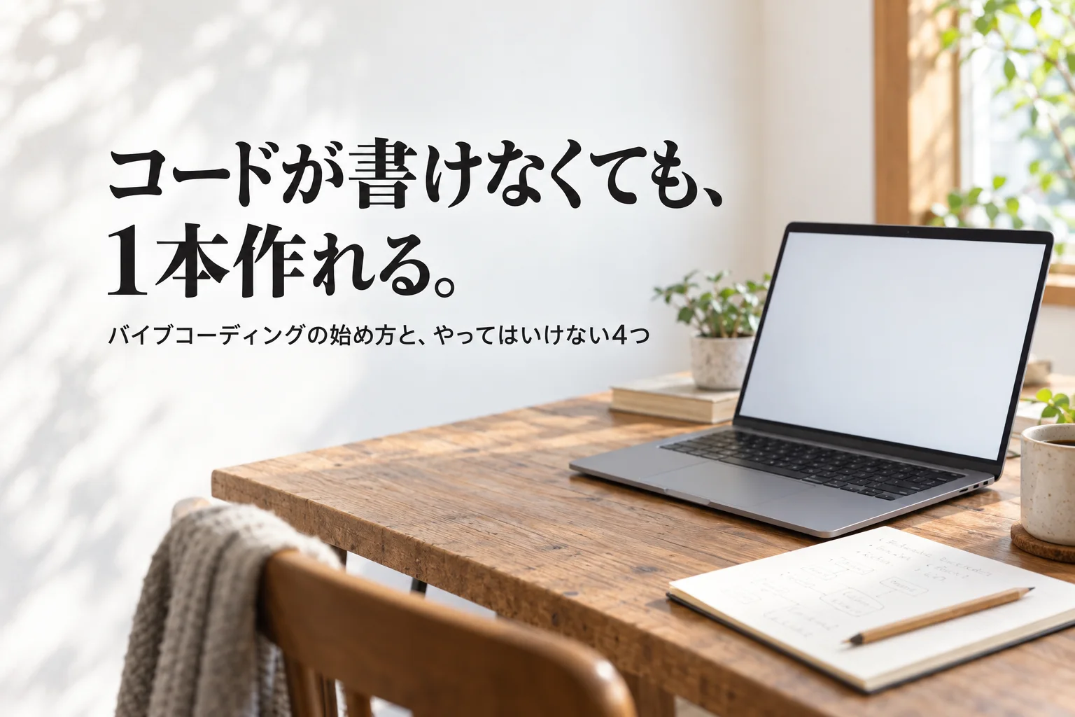 木の机に開いたノートPC（画面は無地）と、手書きのメモ用紙と鉛筆。見出し「コードが書けなくても、 1本作れる。」、小見出し「バイブコーディングの始め方と、やってはいけない4つ」を重ねた生成画像。