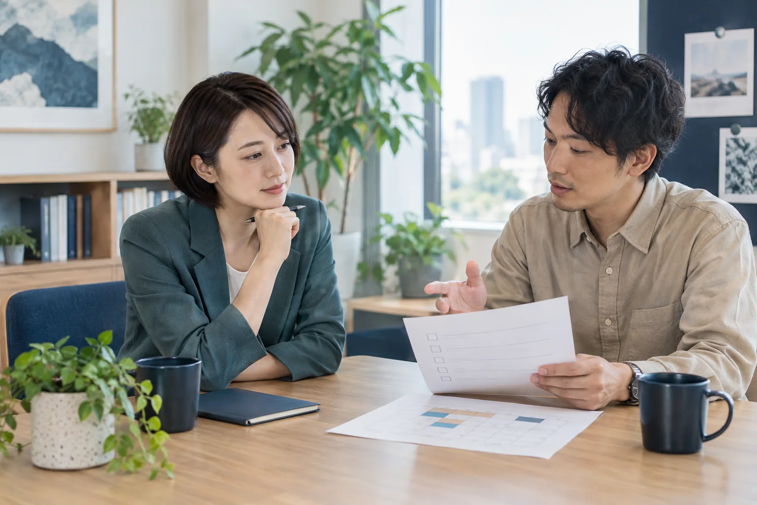 管理職と担当者が仕事の一覧を確認している生成イメージ。実在の面談ではありません。